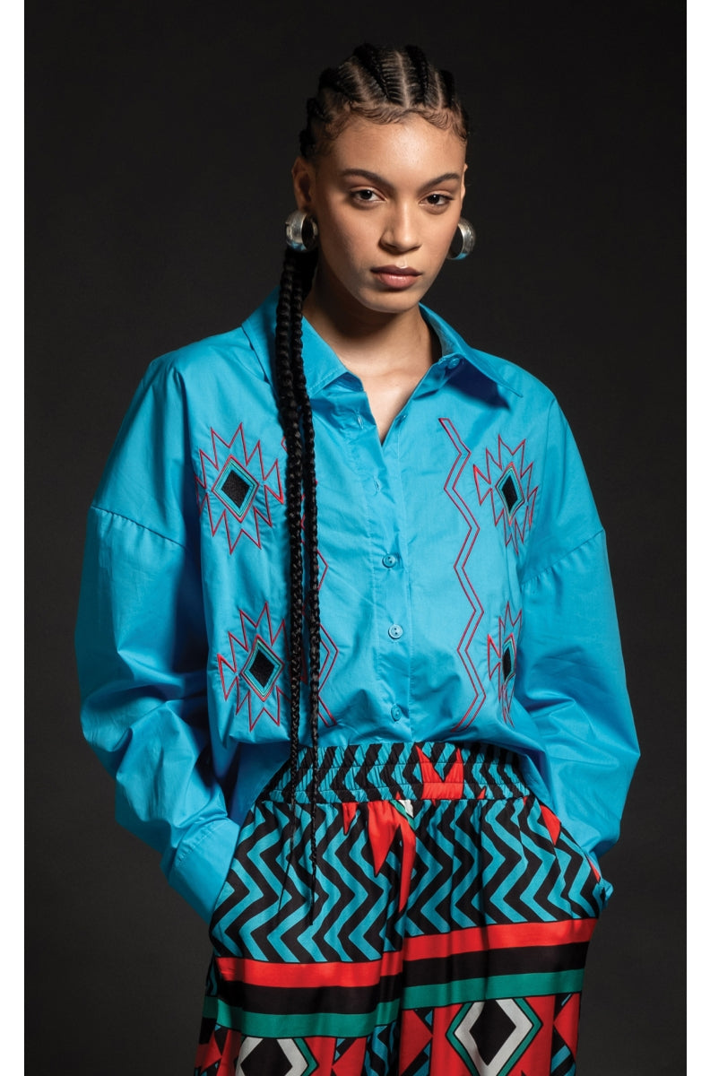 CREST SHIRT - Poplin Cotton with embroidery turquoise