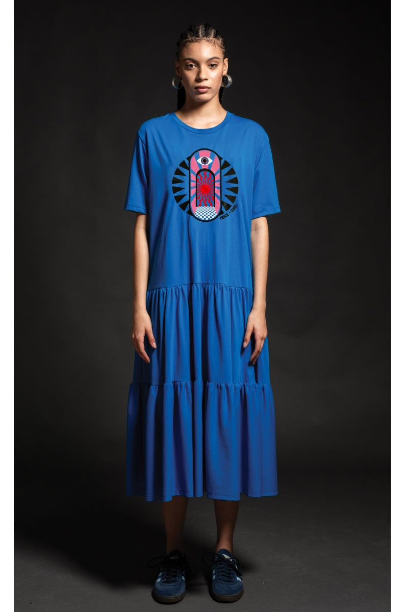 MIRACLE LONG DRESS - Cotton with embroidery blue