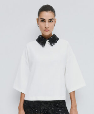 ACCESS CHIC OFF-WHITE BLOUSE- DETACHABLE SPARKLING SEQUIN COLLAR