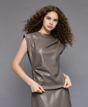 ACCESS Pleated Faux Leather Top Grey