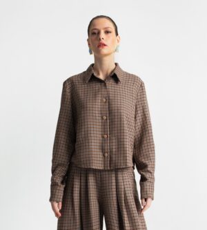 MOUTAKI BROWN CHECKERED CROPPED SHIRT