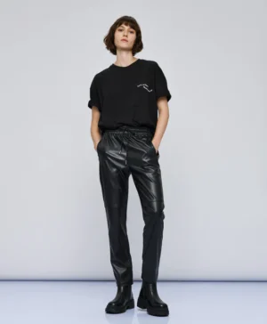ACCESS Faux Leather Pants with Elastic Waist BLACK