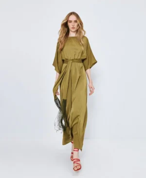 ACCESSMaxi Dress with Fringe Belt Olive