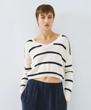 ACCESS Striped V-Neck Knit Top BLUE