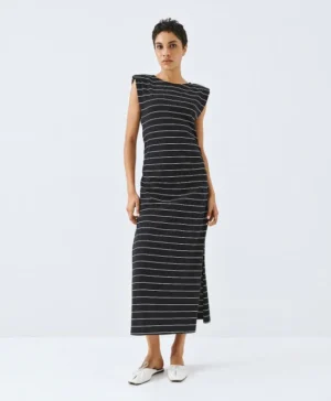 ACCESS Puffed Shoulder Striped Midi Dress BLACK