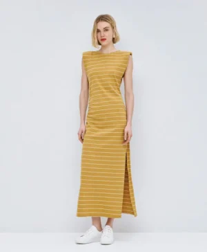 ACCESS Puffed Shoulder Striped Midi Dress HONEY