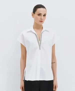 ACCESS Embellished V-Neck Shirt WHITE