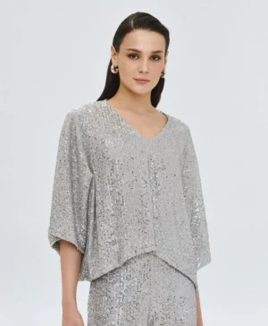 ACCESS Sequin Top with Batwing Sleeves SILVER