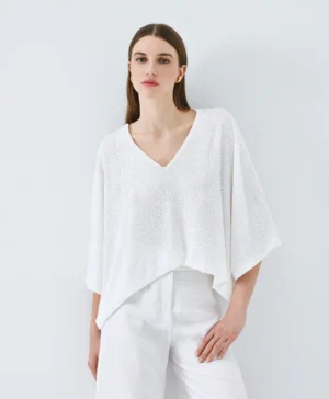 ACCESS Sequin Top with Batwing Sleeves WHITE