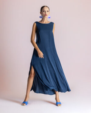 MOUTAKI Satin Navy Maxi Dress