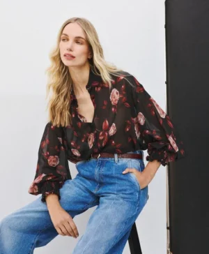 ACCESS Semi-sheer floral shirt BLACK